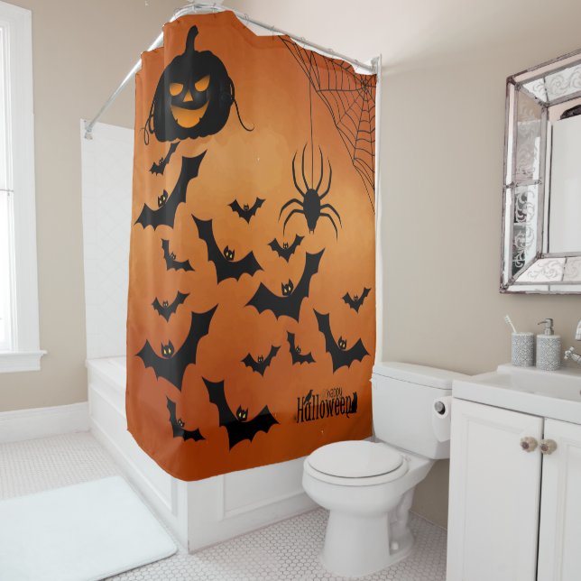 Bats Pumpkin and Spider Shower Curtain (In Situ)