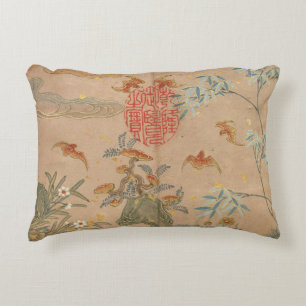 Bats Rocks Flowers Oval Calligraphy by Zhang Ruoai Decorative Cushion