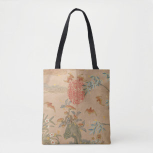 Bats Rocks Flowers Oval Calligraphy by Zhang Ruoai Tote Bag