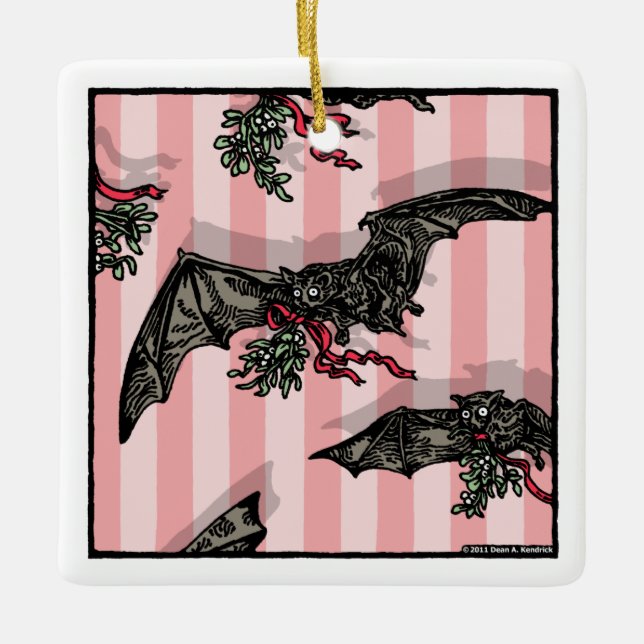 Bats with Mistletoe - Pop Goth Holiday Ceramic Ornament (Front)