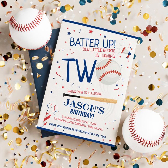 Batter Up Baseball Blue Little Rookie 2nd Birthday Invitation (Creator Uploaded)