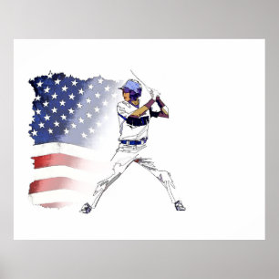 Batter Up! - Baseball Player and USA Flag Poster