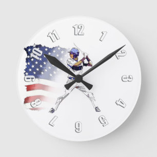 Batter Up! - Baseball Player and USA Flag  Round Clock