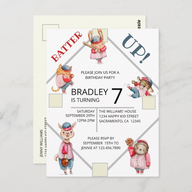 Batter Up! Baseball Sports Boys Birthday Party Inv Postcard (Front/Back)