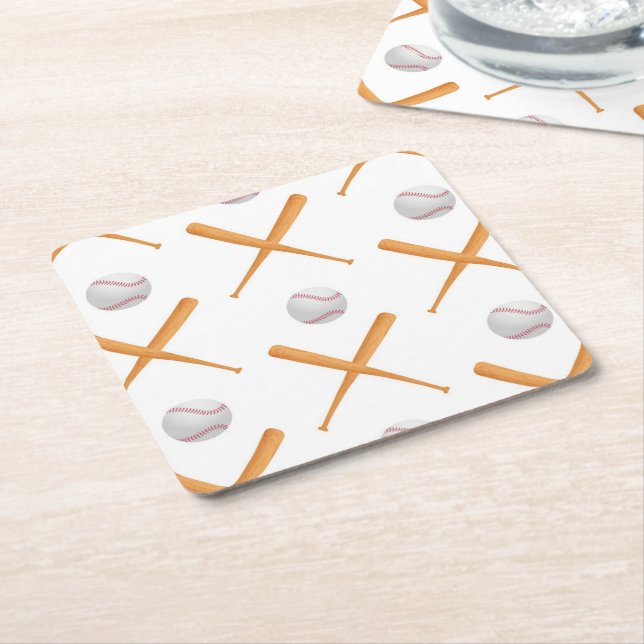 Batter Up Baseball Sports Pattern Square Paper Coaster (Angled)