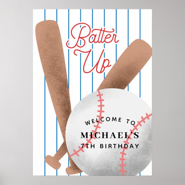 Batter Up Baseball Theme Birthday Party Welcome Poster (Front)
