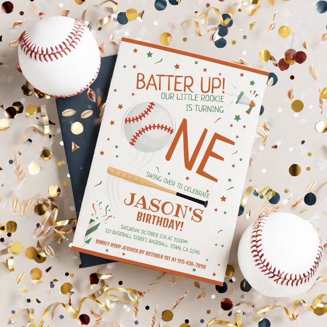 Batter Up Brown Rookie Baseball 1st Birthday Invitation (Creator Uploaded)