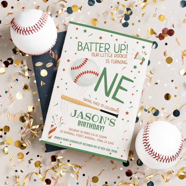 Batter Up Green Rookie Baseball 1st Birthday Invitation (Creator Uploaded)