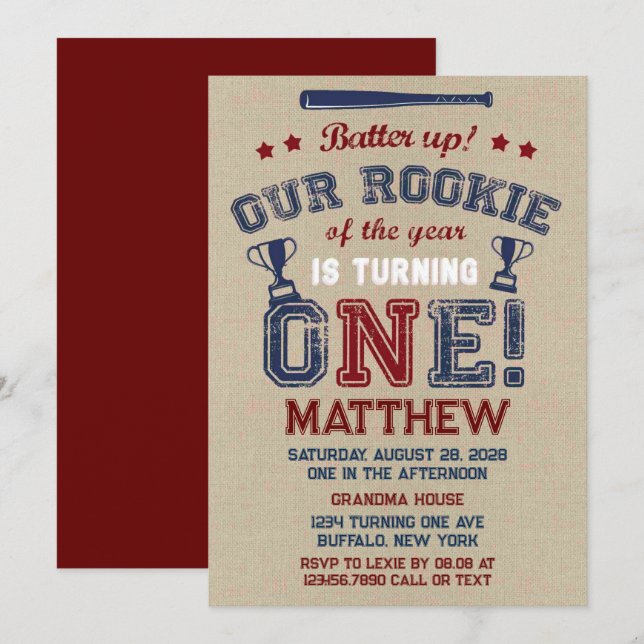 Batter Up Our Little Rookie Is Turning One Invitation (Front/Back)