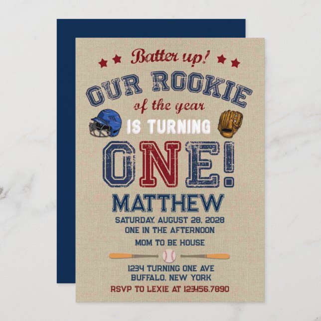 Batter Up Our Little Rookie Is Turning One Invitation (Front/Back)