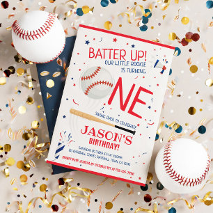 Batter Up Red Little Rookie Baseball 1st Birthday Invitation