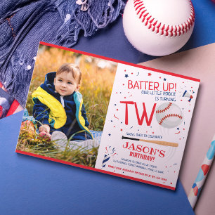 Batter Up Red Rookie Baseball Photo 2nd Birthday Invitation