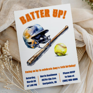 Batter Up! Swing on By! Softball Birthday Party Invitation