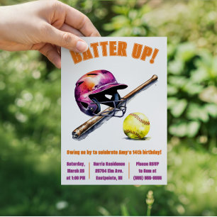 Batter Up!  Swing on By! Softball Birthday Party Invitation