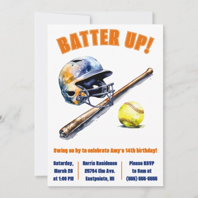 Batter Up!  Swing on By! Softball Birthday Party Invitation (Front)