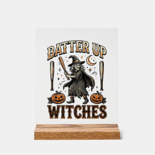 Batter Up Witches Vintage Halloween Baseball Desig Acrylic Sign