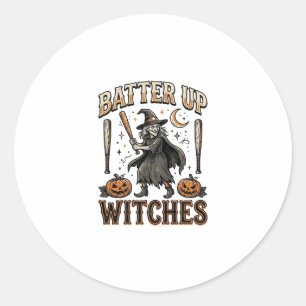 Batter Up Witches Vintage Halloween Baseball Desig Classic Round Sticker