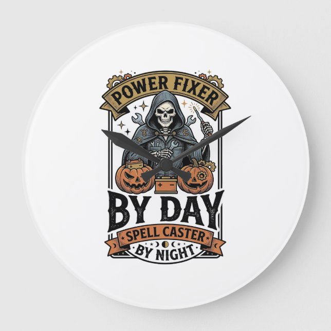 Battery Repair Witch Funny Halloween Technician Sh Large Clock (Front)