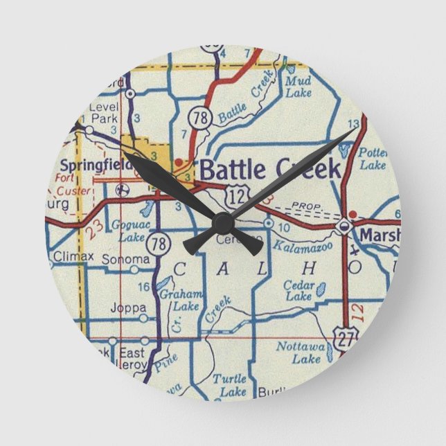 Battle Creek Vintage Map Round Clock (Front)