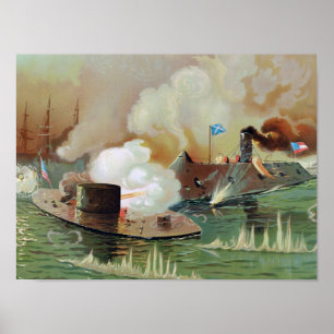 Battle Of The Monitor and Merrimac Lithograph Poster