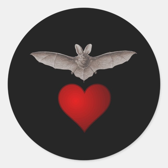 Batty Bat love Grey Bat with Red Heart on Black Classic Round Sticker (Front)