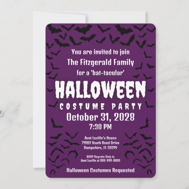 Batty Bat-tacular Purple Halloween Costume Party Invitation (Front)