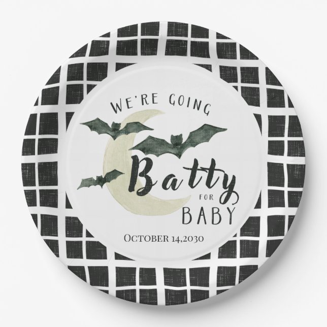 Batty for Baby Fall Halloween Plaid Baby Shower Paper Plate (Front)