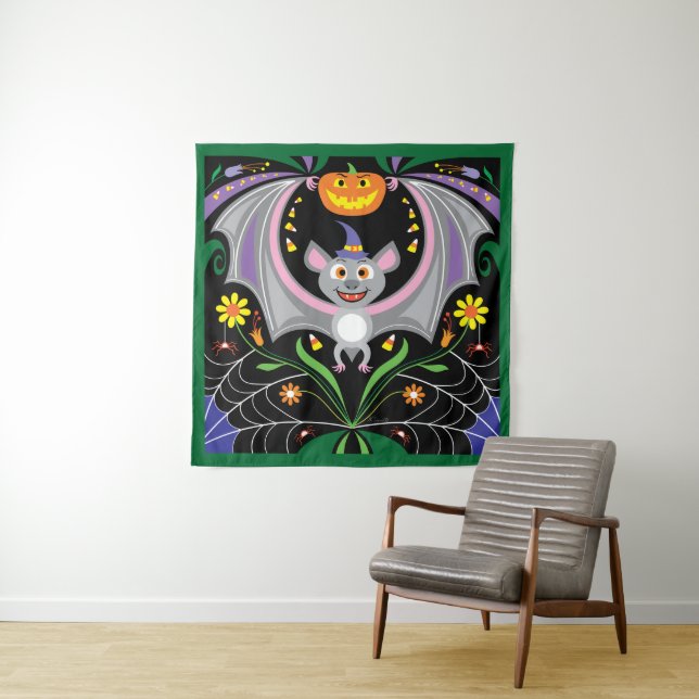 Batty Midnight Pumpkin Patch Tapestry (In Situ)