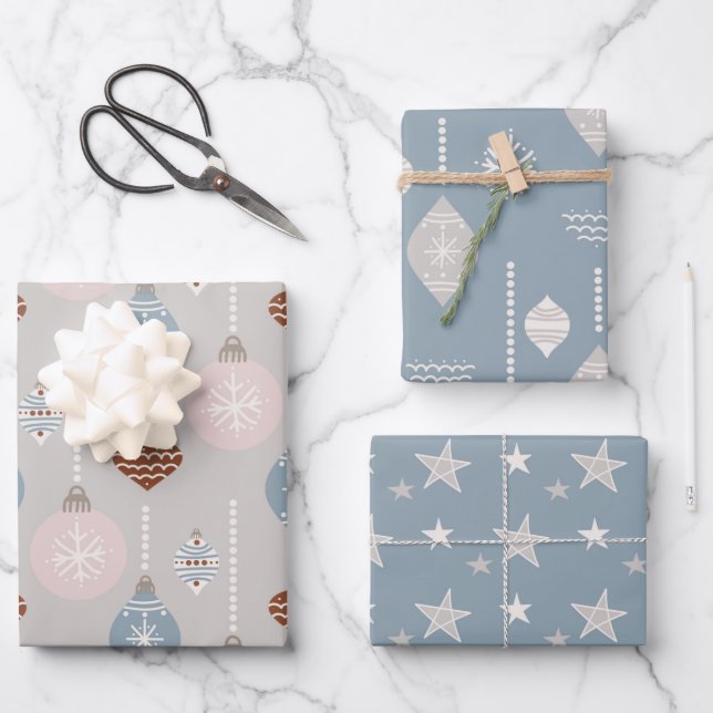 Bauble and Christmas Stars Neutral Palate Wrapping Paper Sheet (Front)
