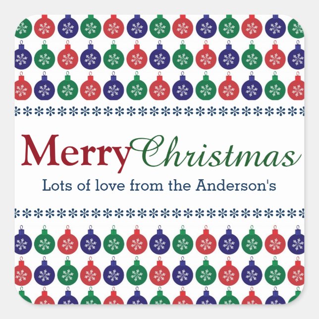Bauble Pattern Personalised Christmas Square Sticker (Front)