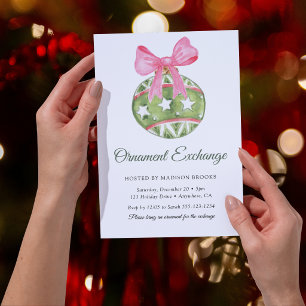 Bauble Pink Bow Ornament Exchange Christmas Party Invitation