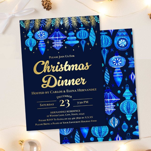 Baubles Christmas Dinner Watercolor Navy Blue  (Baubles Christmas Dinner Watercolor Navy Blue Foil Invitation)