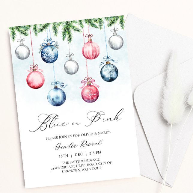 Baubles Festive Winter Christmas Gender Reveal Invitation (Creator Uploaded)