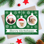 Baubles Merry Christmas Photo Collage Green White Holiday Card<br><div class="desc">A photo Christmas card for a family with kids. It has 3 white baubles with round photos in them: a girl, a boy and a baby, all with red Santa hats. The baubles are surrounded by white snowflakes. The message Merry Christmas is written in a white ribbon frame, with the...</div>