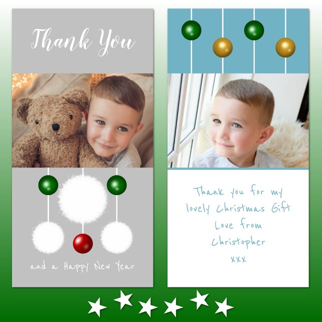 Baubles snowballs and photos grey blue Christmas Thank You Card (Creator Uploaded)