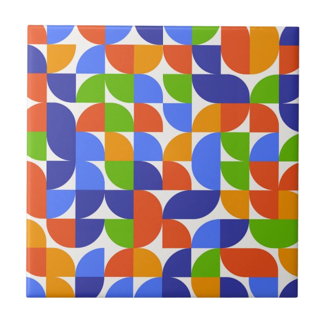 Bauhaus Mid Century Pattern Blue, Orange, Green  Ceramic Tile (Front)