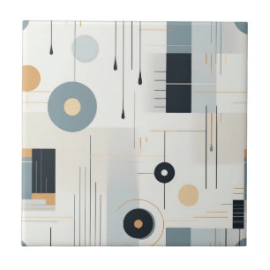 Bauhaus Navy Ochre Abstract Geometric Line Ceramic Tile