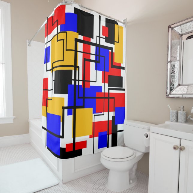 Bauhaus Rectangles and Lines - White  Shower Curtain (In Situ)