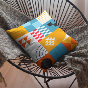 Bauhaus Style Geometric Blue and Gold Cushion