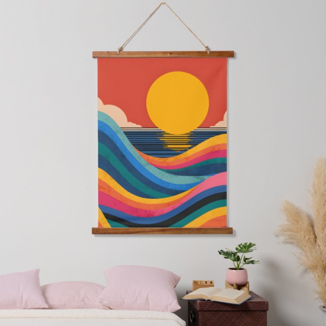 Bauhaus Sunset Ocean Waves Topped Wall Tapestry (Bedroom)