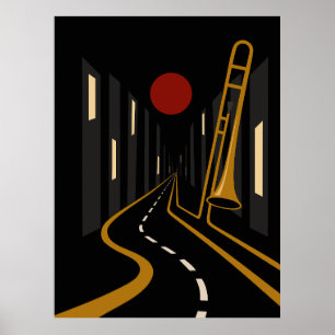 Bauhaus Trombone Cityscape – Minimalist Jazz Music Poster
