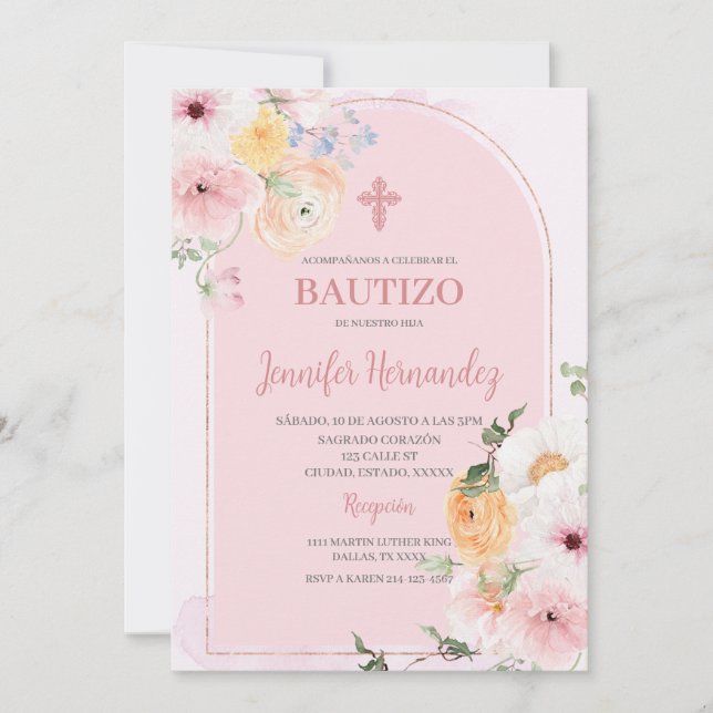 Bautismo colour rosa con flores invitation (Front)