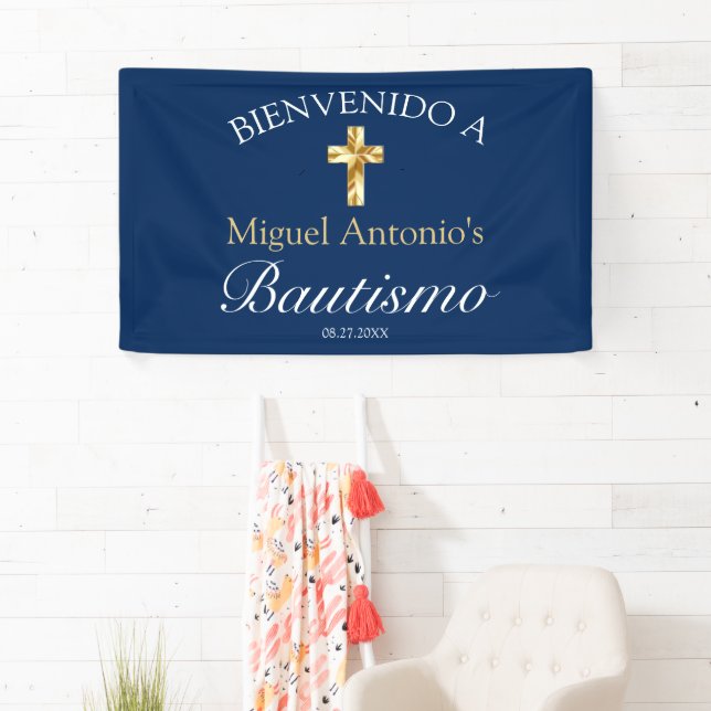 Bautismo de Bebé Azul Marino Dorado Bienvenido Banner (Insitu)