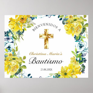 Bautismo de Niña Bonita Cruz Floral Amarillo  Poster