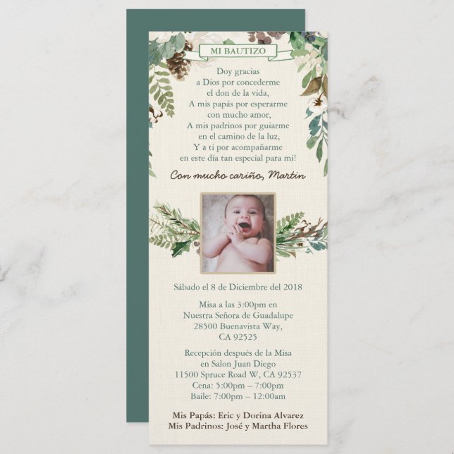 Bautismo Latino Boy Baptism Invites, Winter Leaves Invitation (Front/Back)