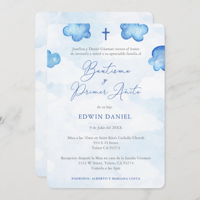 Bautismo Primer Cumple, Boy Baptism 1st Birthday Invitation (Front/Back)