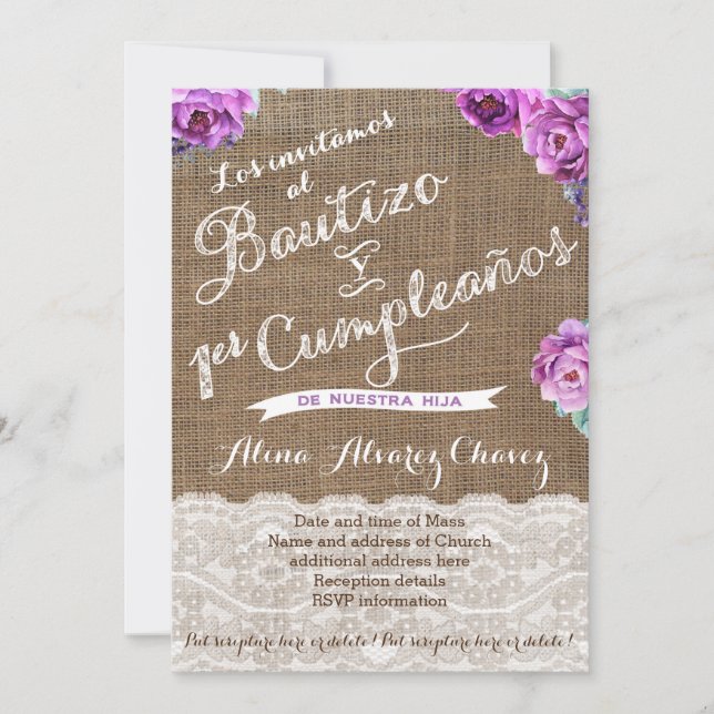 Bautizo 1er Cumpleaños, Spanish invite Castellano (Front)