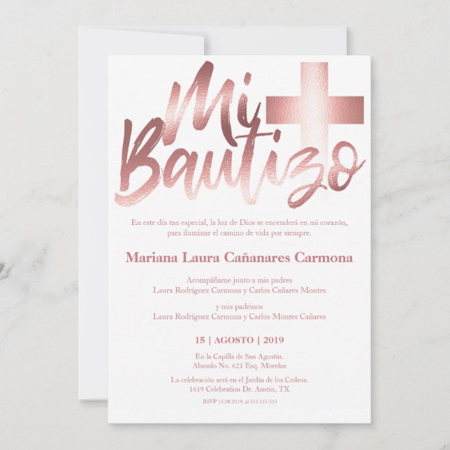 Bautizo Baptism Spanish Language Faux ROSE GOLD Invitation (Front)