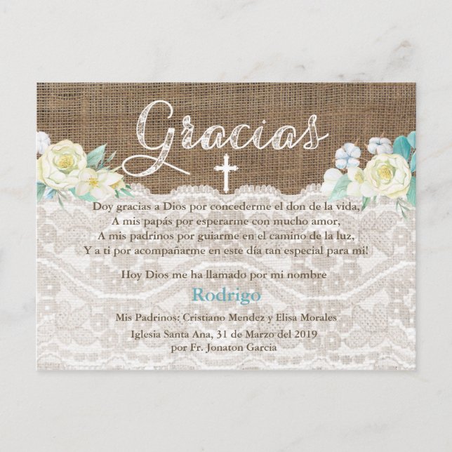 Bautizo Baptism Thank You In Spanish For Boy Invitation Postcard (Front)