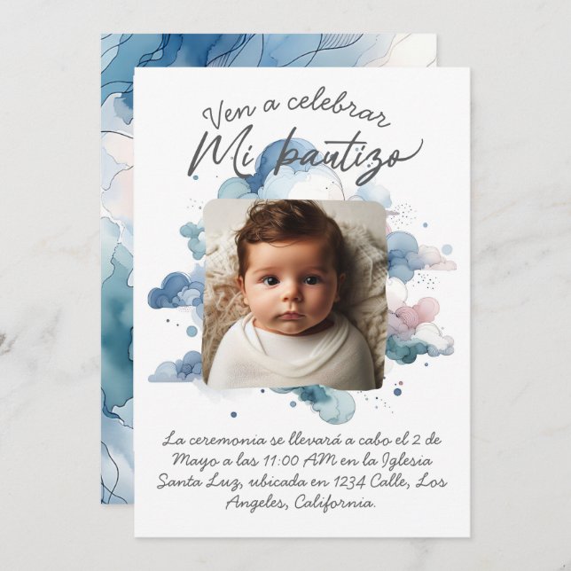 Bautizo con foto Spanish Watercolor Invitation (Front/Back)